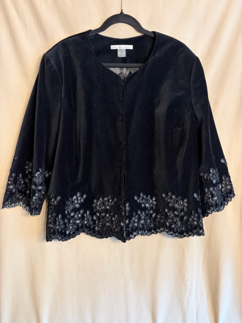 Peter Nygard Black Velvet Women's Jacket 100% Cotton Soutache Embellishment
